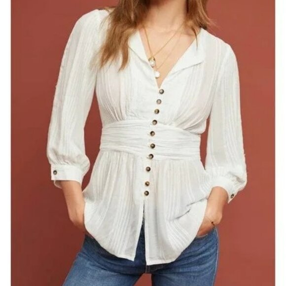 Maeve Tops - Anthropologie Maeve Isolode White Semi-Sheer Long Sleeve Blouse - Size 8
